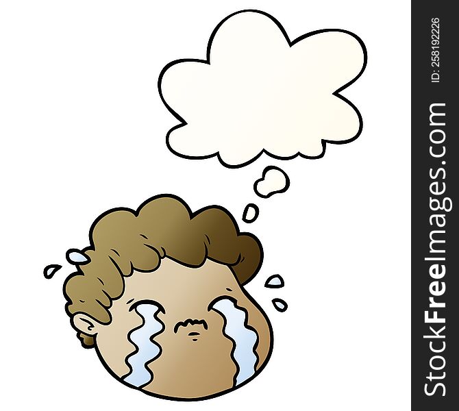 cartoon crying boy with thought bubble in smooth gradient style