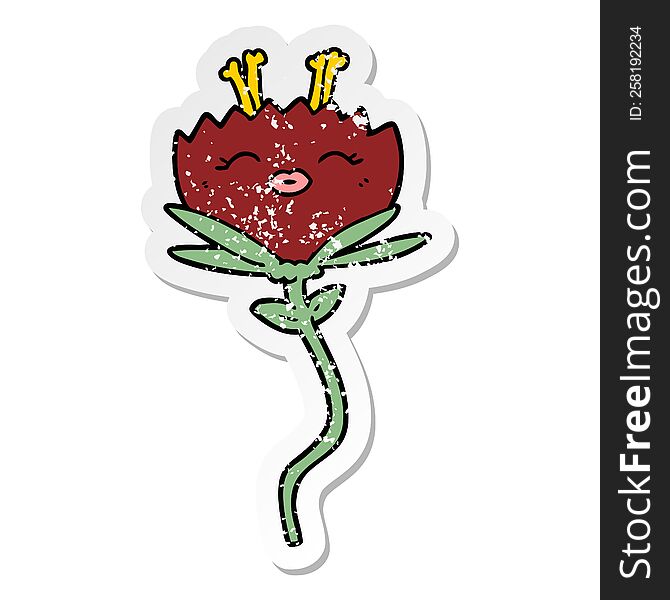 distressed sticker of a happy cartoon flower