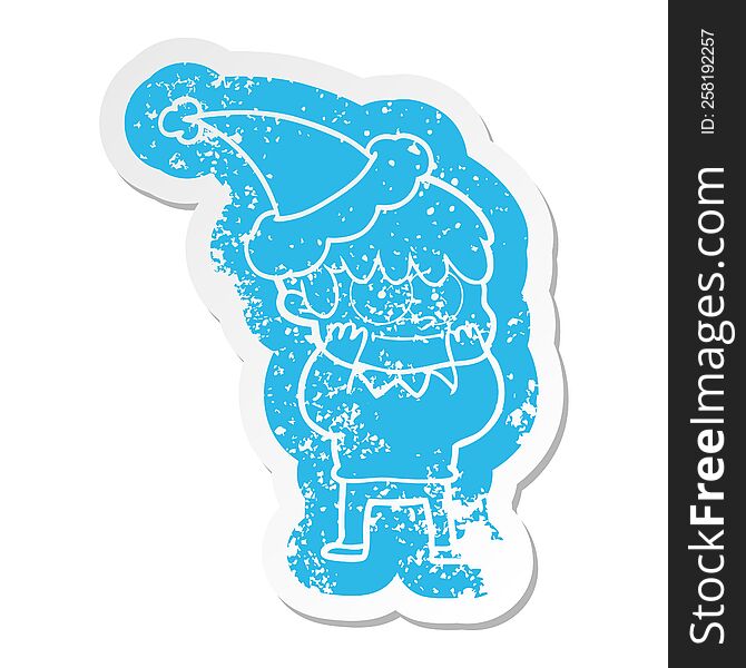 Happy Cartoon Distressed Sticker Of A Man Wearing Santa Hat