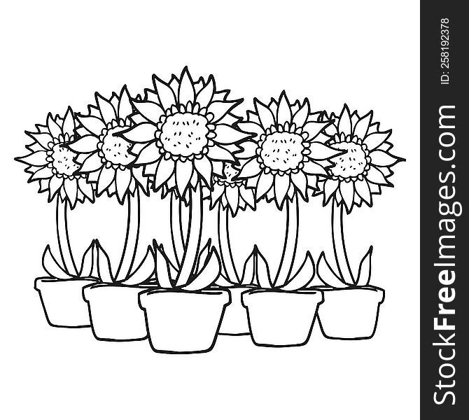 freehand drawn black and white cartoon sunflowers