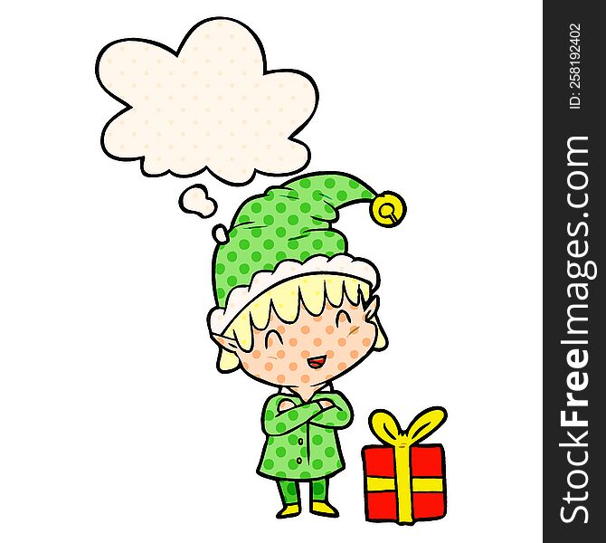 cartoon happy christmas elf with thought bubble in comic book style