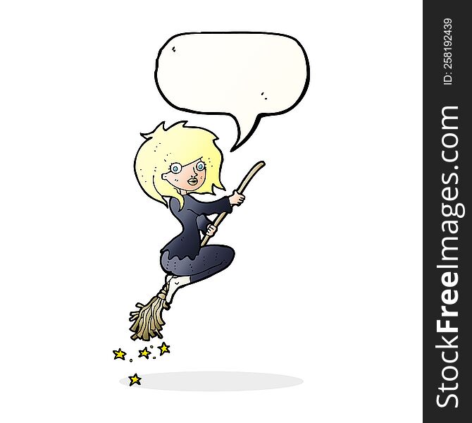 Cartoon Witch Riding Broomstick With Speech Bubble
