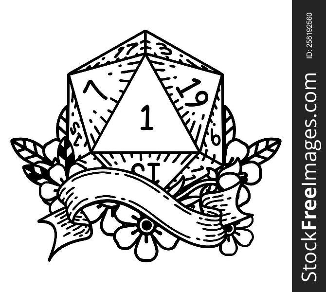 Black and White Tattoo linework Style natural one d20 dice roll. Black and White Tattoo linework Style natural one d20 dice roll