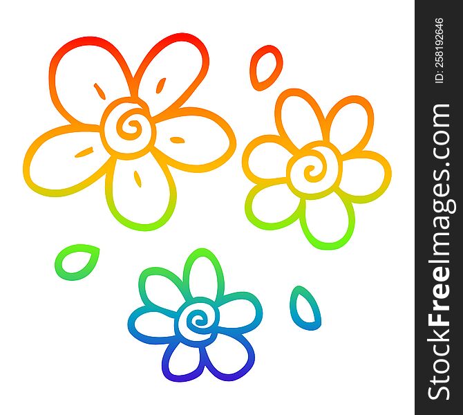 rainbow gradient line drawing of a cartoon decorative flowers