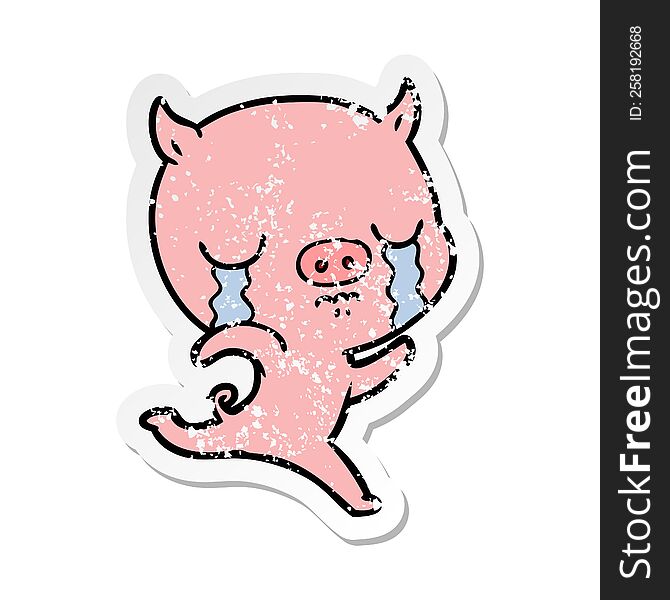 Distressed Sticker Of A Cartoon Running Pig Crying