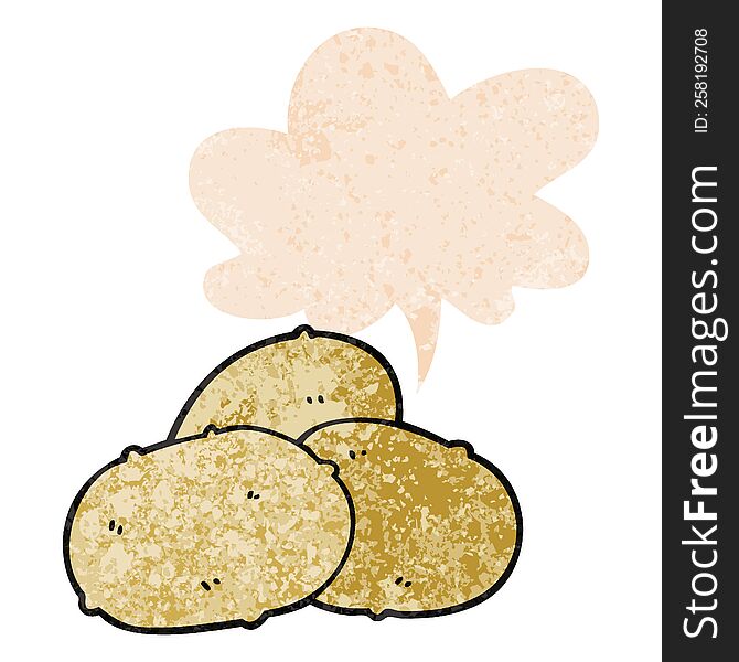 cartoon potatoes with speech bubble in grunge distressed retro textured style. cartoon potatoes with speech bubble in grunge distressed retro textured style