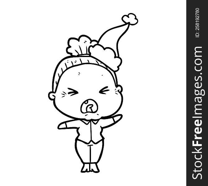 Line Drawing Of A Angry Old Woman Wearing Santa Hat