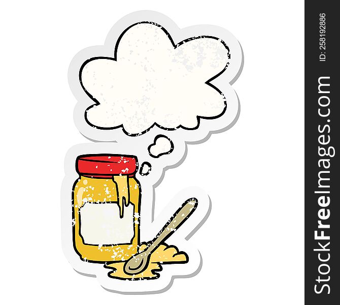 cartoon jar of honey with thought bubble as a distressed worn sticker
