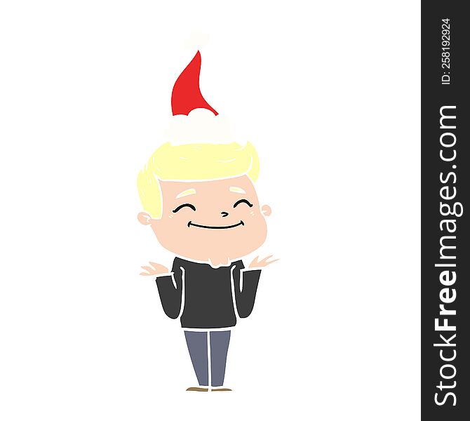 happy hand drawn flat color illustration of a man shrugging wearing santa hat