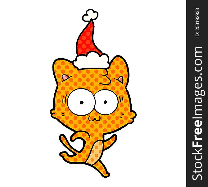 hand drawn comic book style illustration of a surprised cat running wearing santa hat