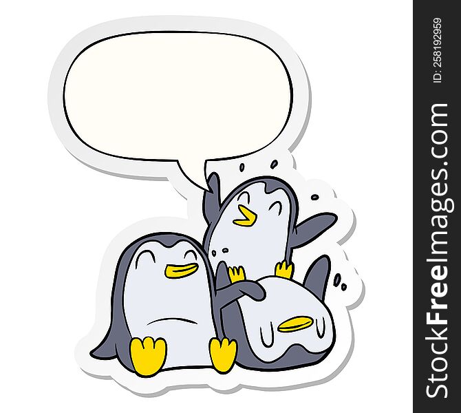 cartoon happy penguins with speech bubble sticker