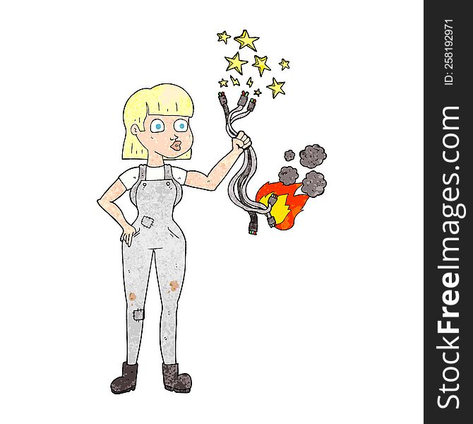 freehand textured cartoon female electrician