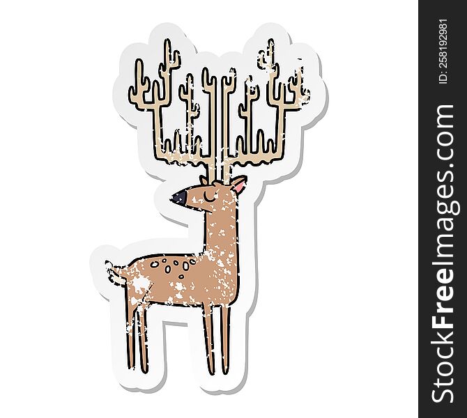distressed sticker of a cartoon stag with huge antlers