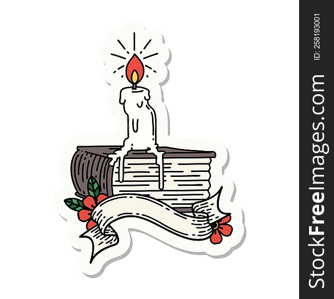 sticker of a tattoo style candle melting on book