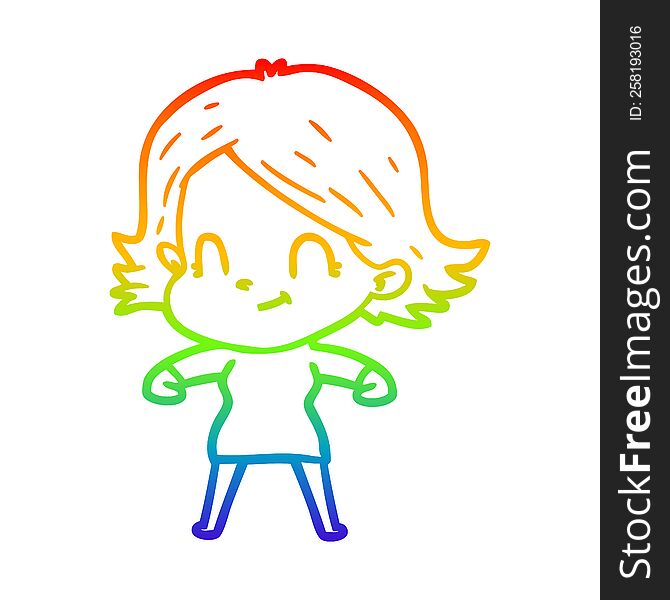 Rainbow Gradient Line Drawing Cartoon Friendly Girl