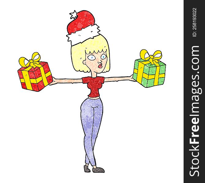 freehand textured cartoon woman with xmas presents