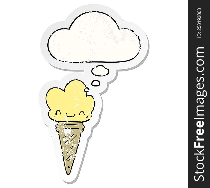 cartoon ice cream with face with thought bubble as a distressed worn sticker