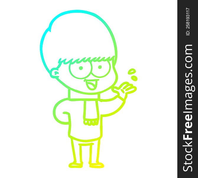 Cold Gradient Line Drawing Happy Cartoon Boy Waving