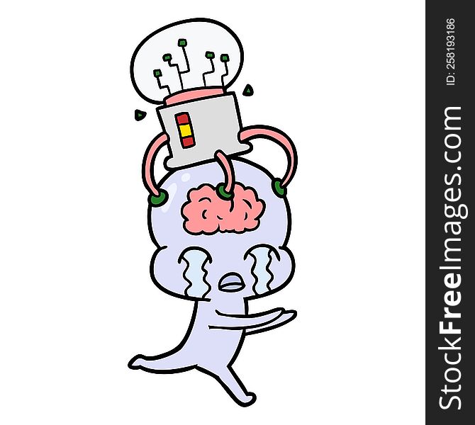 cartoon big brain alien crying with brain interface. cartoon big brain alien crying with brain interface