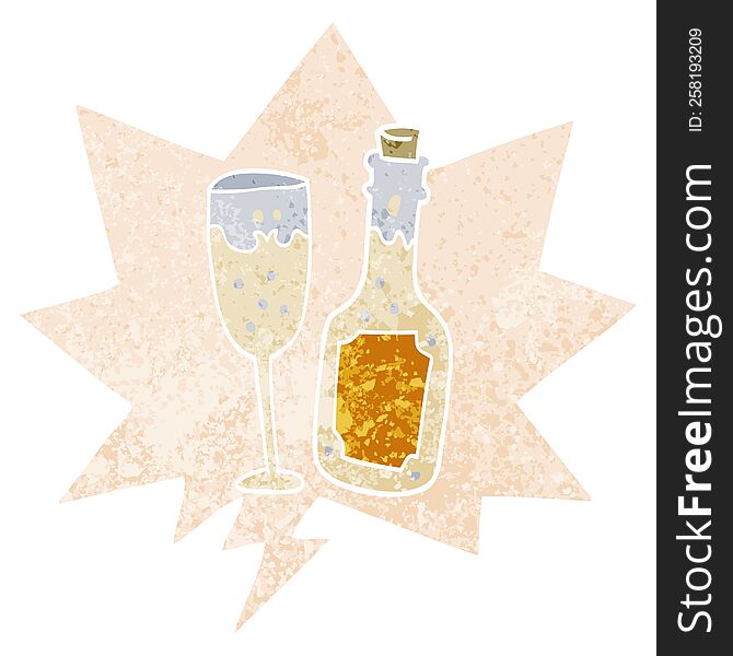 cartoon champagne bottle and glass and speech bubble in retro textured style