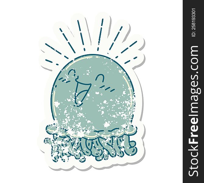 worn old sticker of a tattoo style happy jellyfish. worn old sticker of a tattoo style happy jellyfish