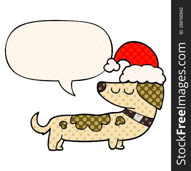 cartoon dog wearing christmas hat with speech bubble in comic book style