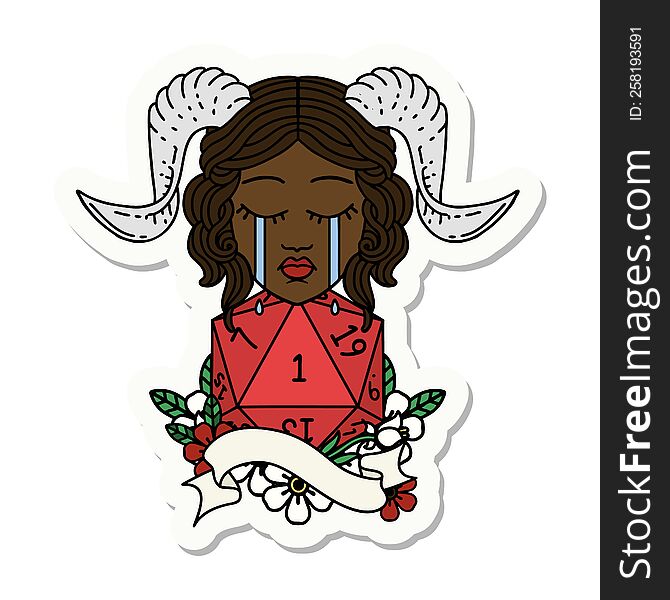 sticker of a crying tiefling with natural one D20 roll. sticker of a crying tiefling with natural one D20 roll