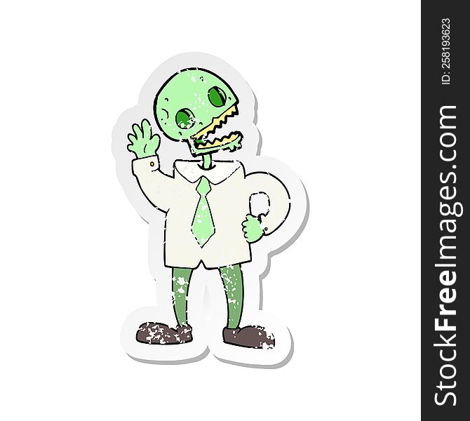 retro distressed sticker of a cartoon zombie businessman