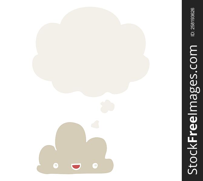 cartoon tiny happy cloud with thought bubble in retro style