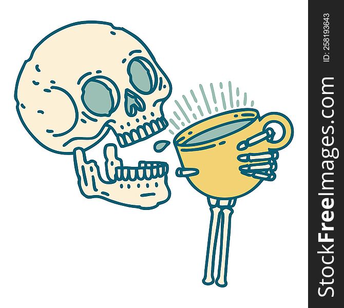 Tattoo Style Icon Of A Skull Drinking Coffee