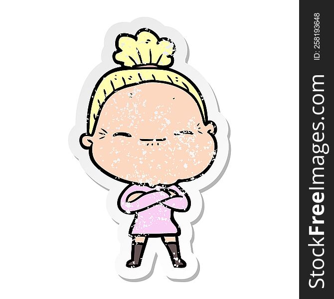 Distressed Sticker Of A Cartoon Peaceful Old Woman