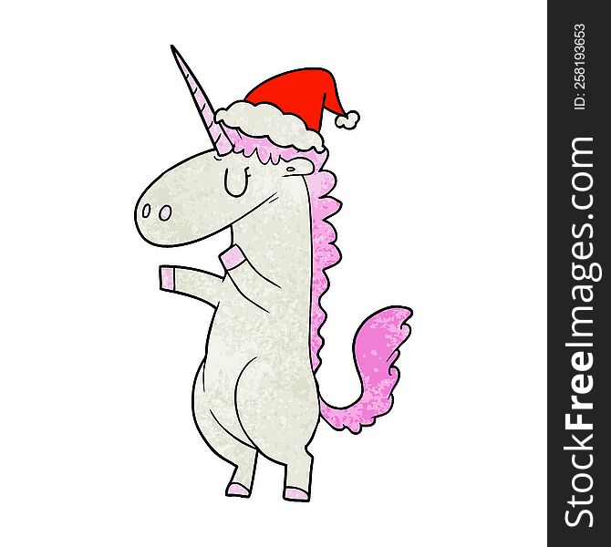 hand drawn textured cartoon of a unicorn wearing santa hat
