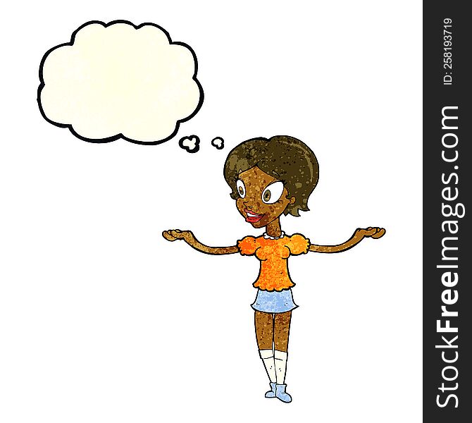 cartoon woman with arms spread wide with thought bubble