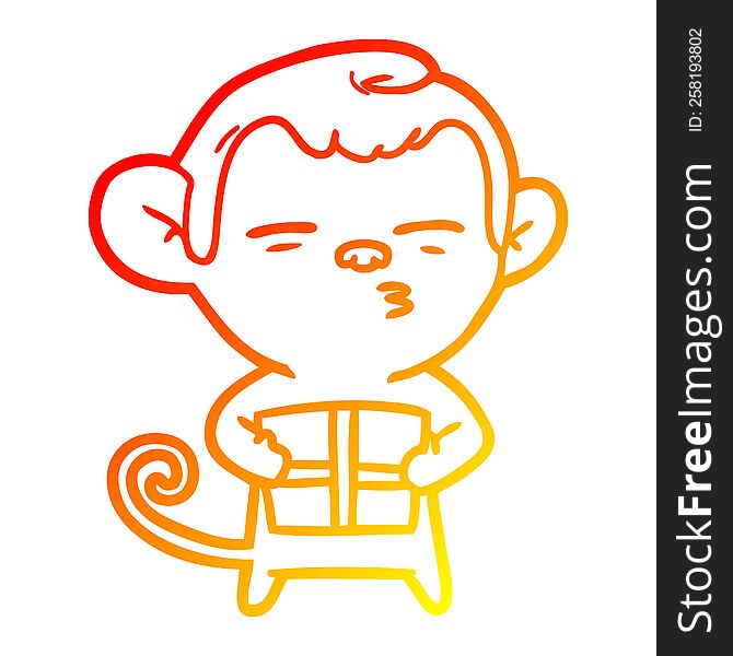 Warm Gradient Line Drawing Cartoon Suspicious Monkey With Present