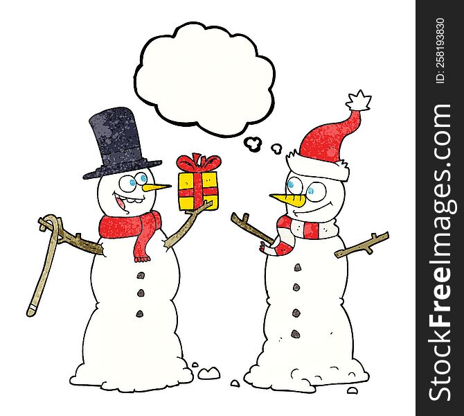 freehand drawn thought bubble textured cartoon snowmen exchanging gifts