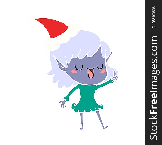hand drawn flat color illustration of a elf girl wearing santa hat