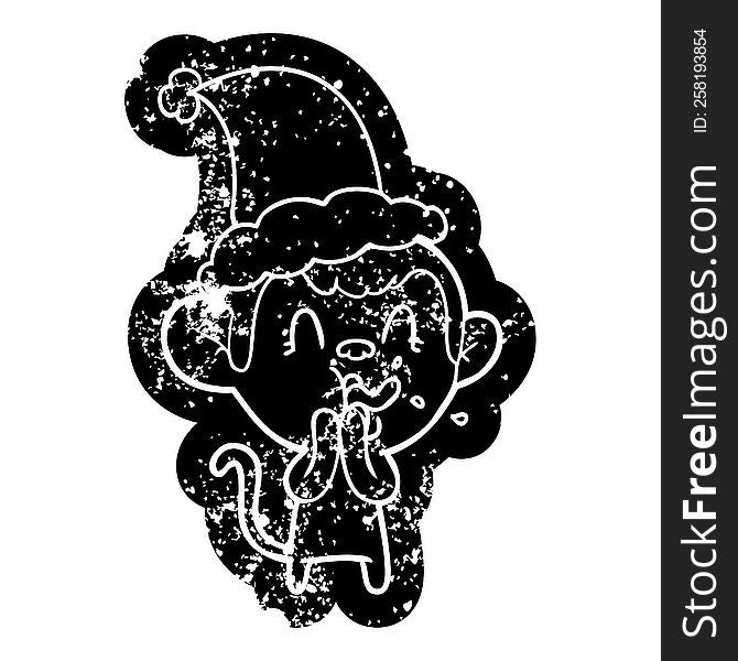 Crazy Cartoon Distressed Icon Of A Monkey Wearing Santa Hat