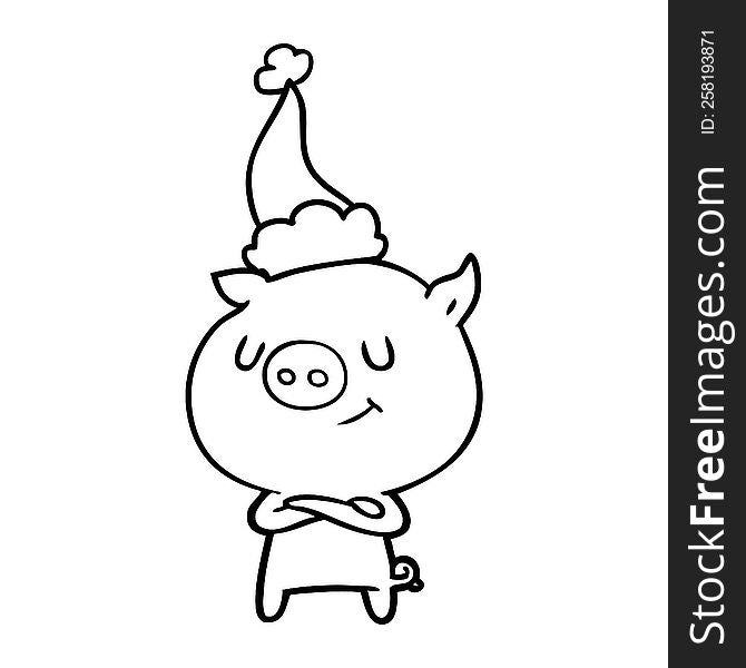 Happy Line Drawing Of A Pig Wearing Santa Hat