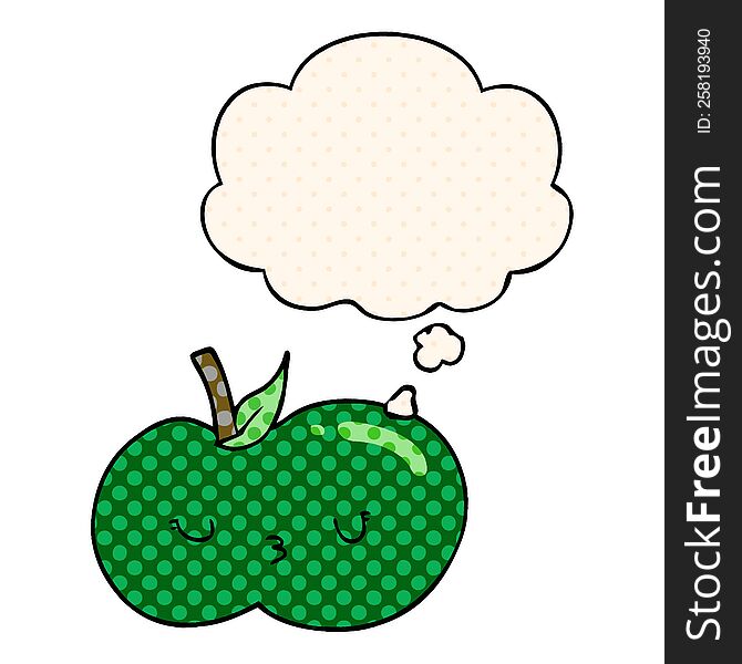 cartoon cute apple with thought bubble in comic book style