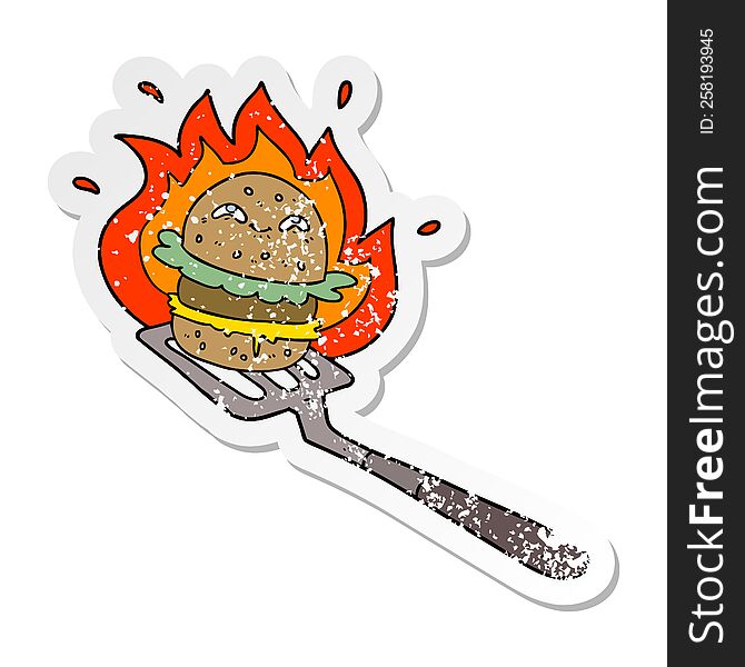 distressed sticker of a cartoon burger cooking