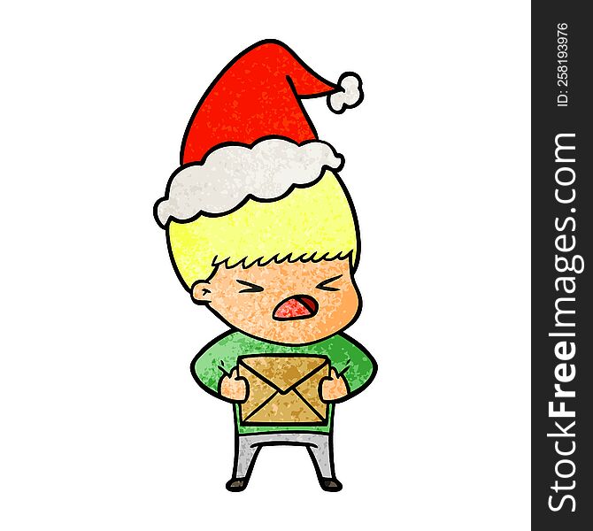 hand drawn textured cartoon of a stressed man wearing santa hat