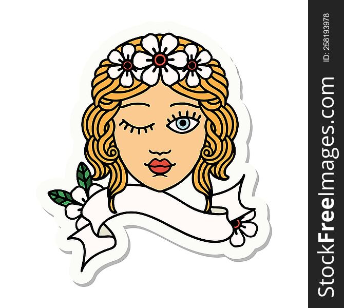 Tattoo Sticker With Banner Of A Maidens Face Winking