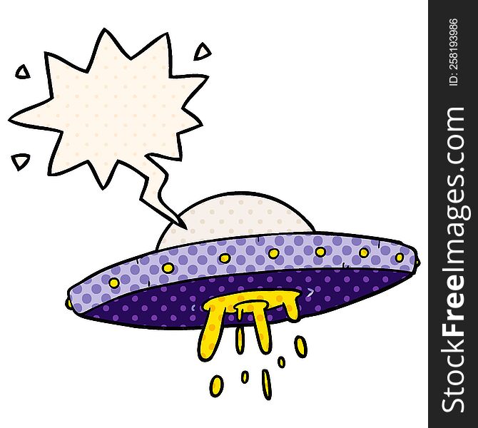 cartoon flying UFO with speech bubble in comic book style