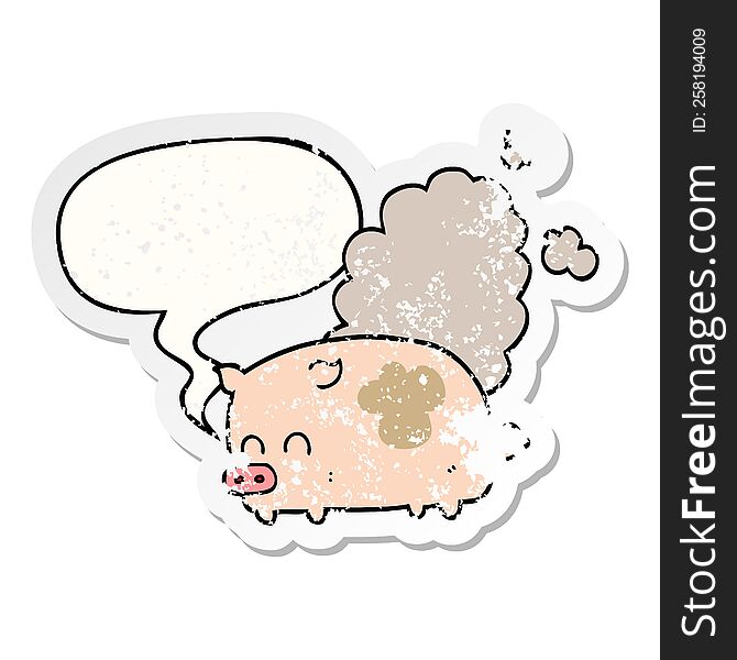 Cartoon Smelly Pig And Speech Bubble Distressed Sticker