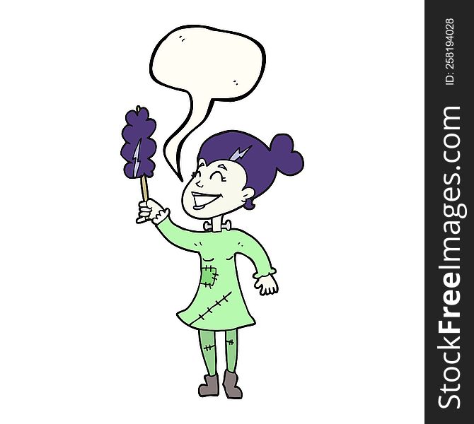 Speech Bubble Cartoon Undead Monster Lady Cleaning