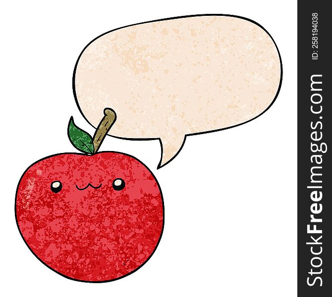 cartoon cute apple with speech bubble in retro texture style