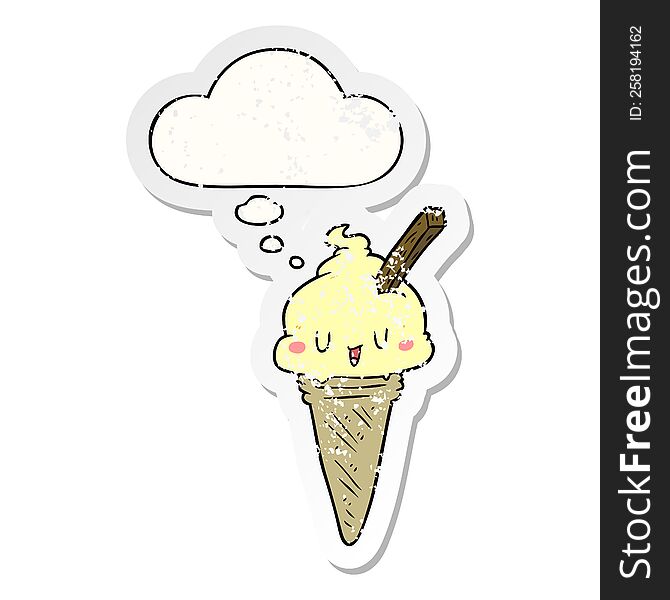cute cartoon ice cream with thought bubble as a distressed worn sticker