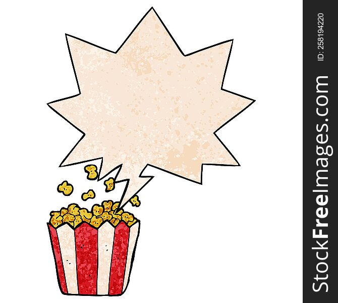 cartoon popcorn with speech bubble in retro texture style