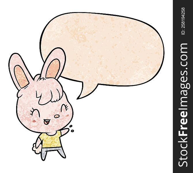 Cute Cartoon Rabbit And Speech Bubble In Retro Texture Style