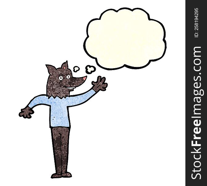cartoon waving wolf man with thought bubble